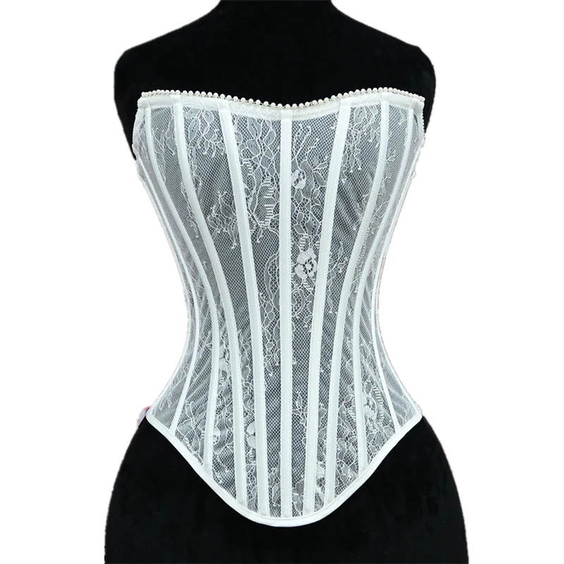 

Women White Corset Busiter Overbust Push Breast Floral Lace Bodice Sext Tansparent Strapless Crop Tops Stage Costume
