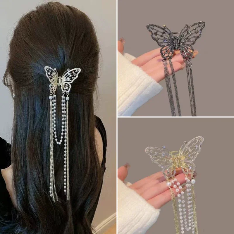 Schmetterling Haarspange mit langer Quaste Haarschmuck für Frauen Elegante Imitationsperle Strass Hai Haarnadeln Schmuck