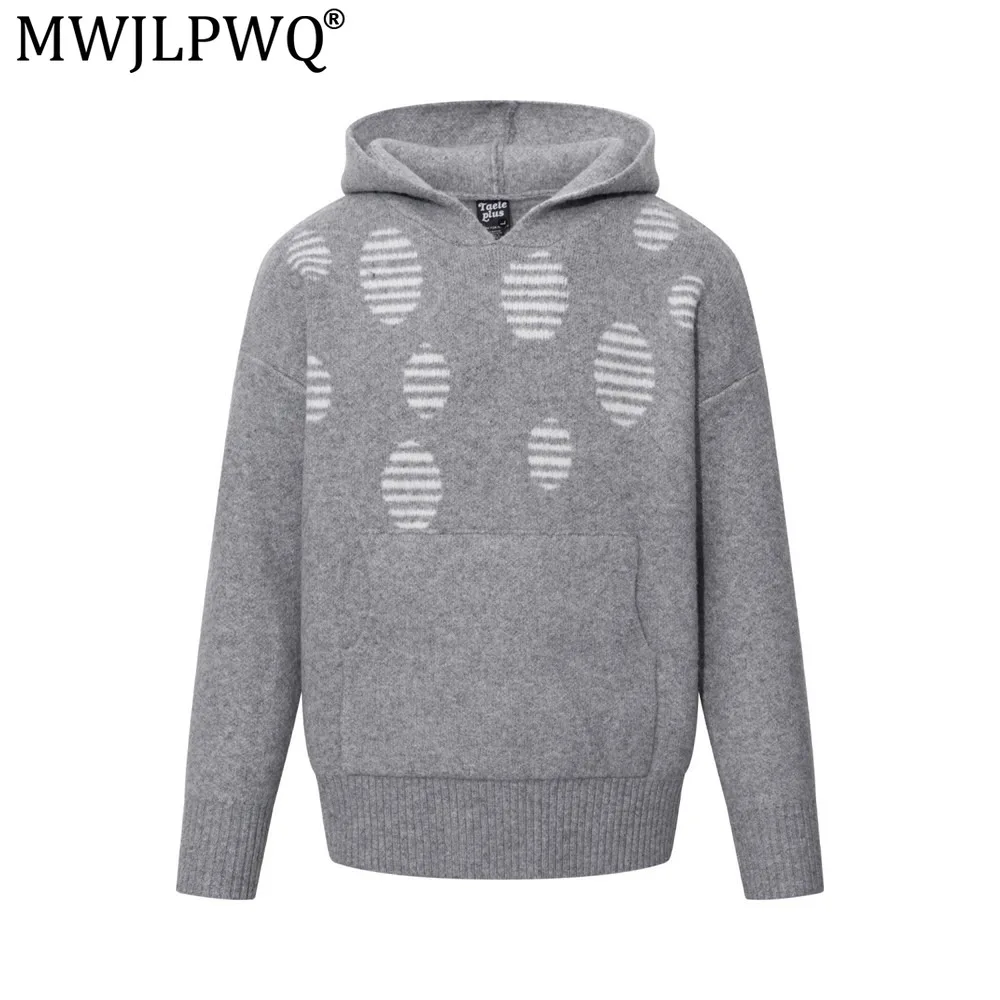 MWJLPWQ Men's Hooded Pullover Sweater Spring Autumn American Street Fashion Style Round Dot Jacquard Pattern Loose Fit Top 21376