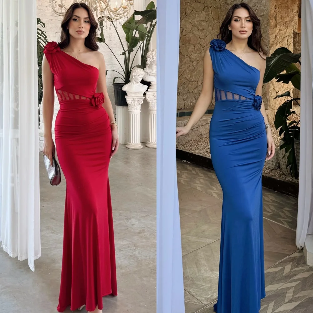 カスタマイズされたモダンなスタイルマッチング手作りフラワープリーツマーメイドワンショルダーロングドレスオーダーメイドオケージョンドレスファッションセクシー