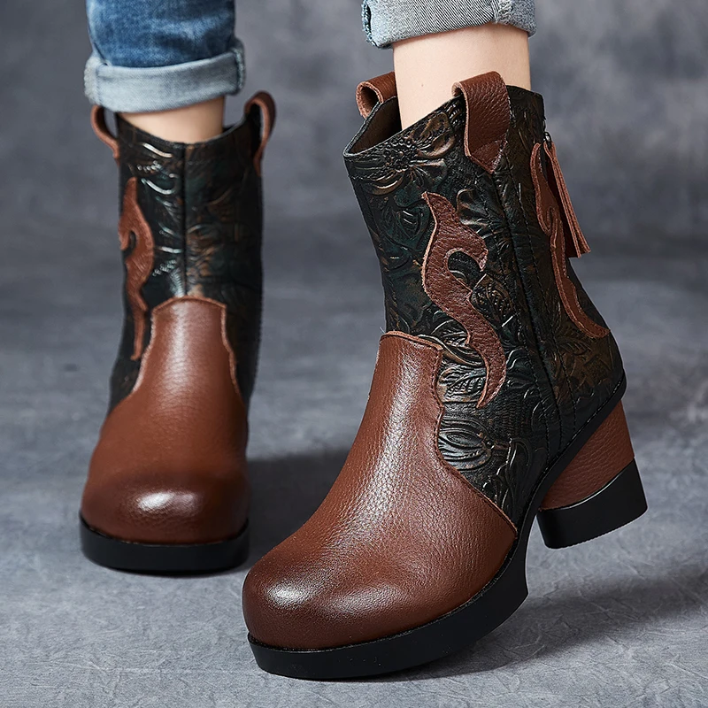 

Soft Genuine Leather Mid Calf Boots Winter Autumn High Heels Platform British Booties Woman New Ladies Chunky Motorcycle Boots