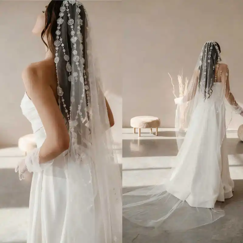 

Gorgeous Pearls Wedding Veils One Layer Chapel Length Sequins Veils Beadeds Customized Wedding Accessories