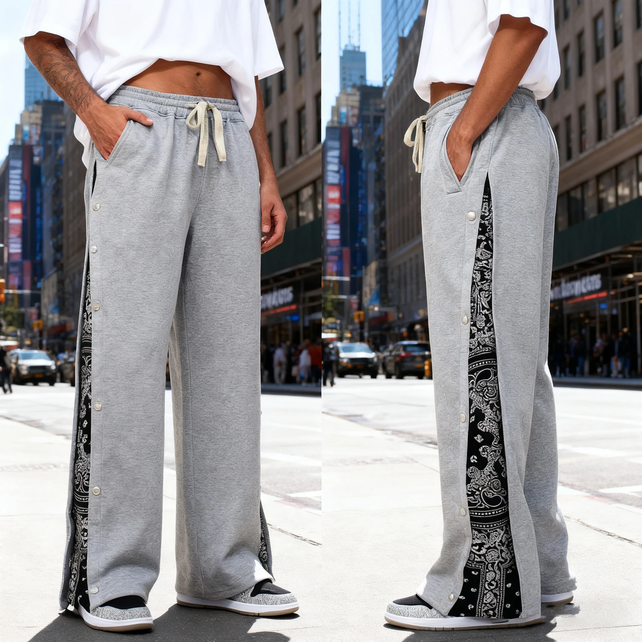 Pantaloni alla moda a gamba larga con petto laterale a fiori di anacardi High Street Style Pantaloni sportivi casual larghi oversize fino al pavimento