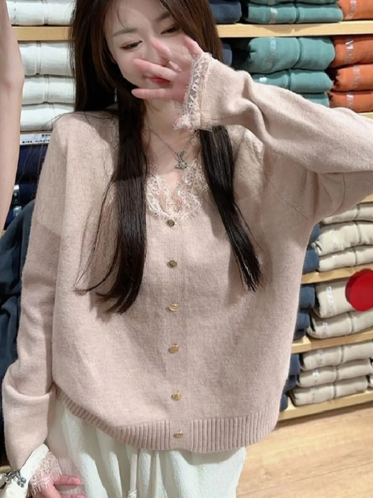 

Lace Trim V-Ne Long Sve Knitted Sweater Women's Base irt Early Spring New Sle Soft Gentle Faion Korean Loose Fit