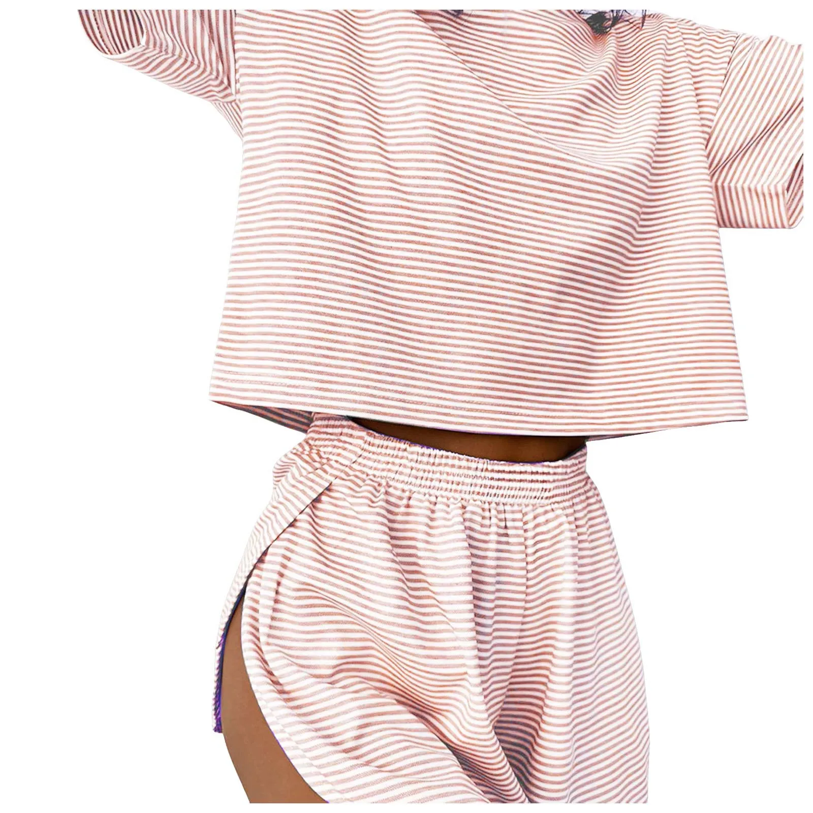 Women'S Stripe Pajamas Set Short Sleeve T-Shirt And Shorts Sleepwear 2 Piece Set For Women Home Casual Loose Round Neck Pajamas