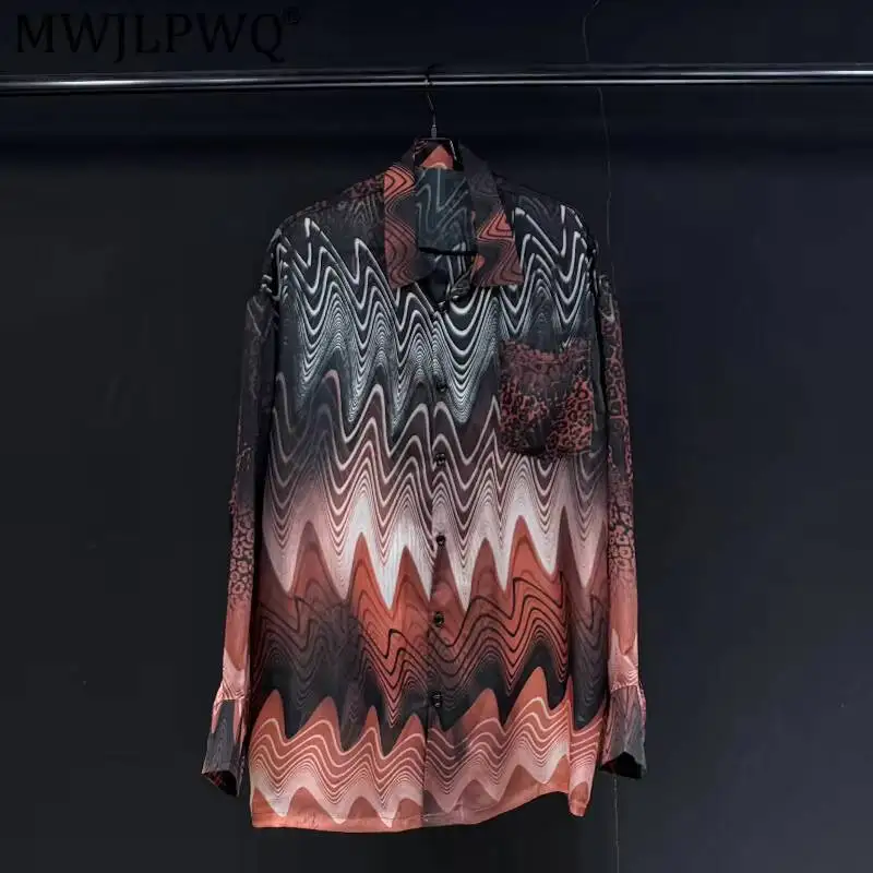 MWJLPWQ Retro Patchwork Style Long-Sleeve Shirt For Men Loose Design Niche Vibe Printed Design Niched Tops Spring Autumn 17372