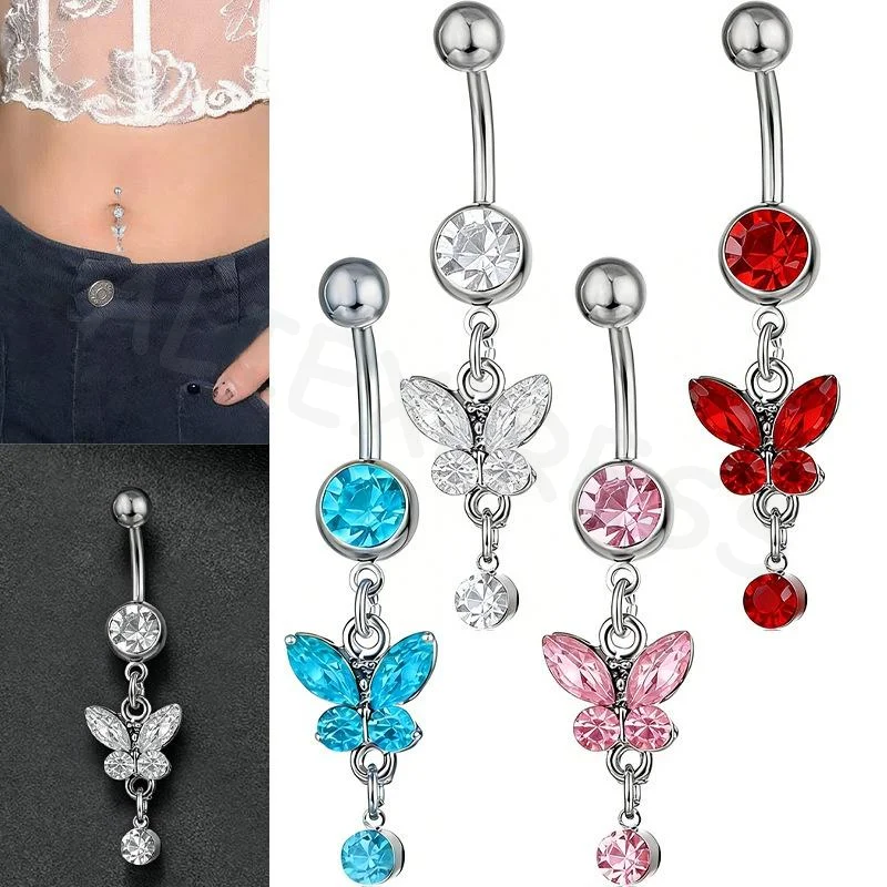 Butterfly Crystal Dangle Belly Button Ring Stainless Steel Piercing Delicate Navel Jewelry for Women Festival and Parties