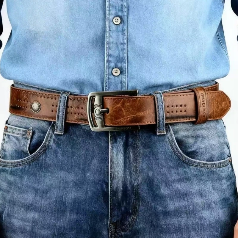 New Men's Casual Belt Hollow Rivet Wide PU Leather Belt For New Fashion Strap Male High Quality Jeans Belt Punk Style