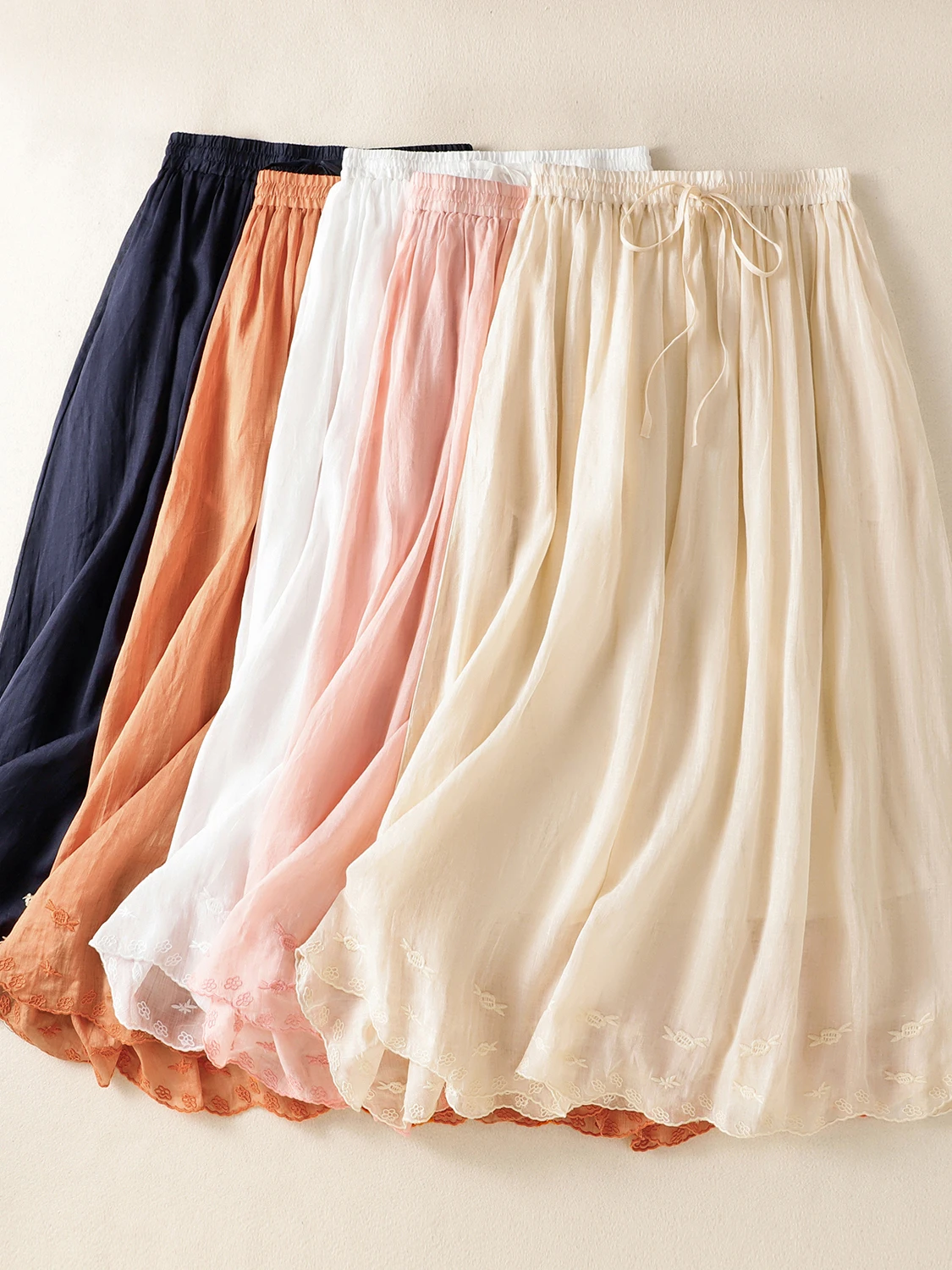 Ciężka haftowana lniana spódnica damska letnia, luźna, z wysokim stanem, wyszczuplająca, z bawełny i lnu, w kształcie litery A, typu parasol, codzienna, do pracy.