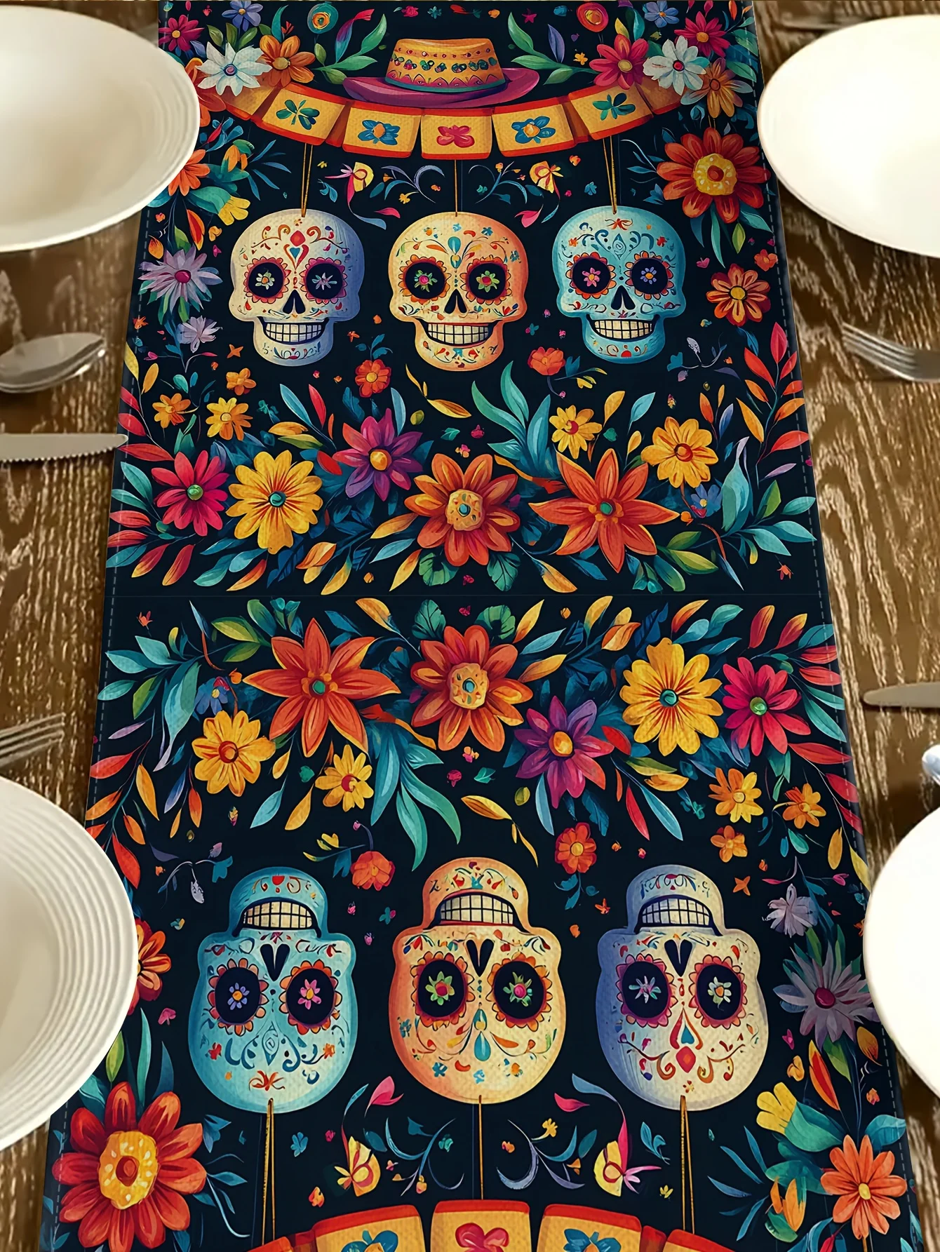 Mexican Skull Floral Linen Table Runner for Table Decor Mexico Day of The Dead Dia De Los Muertos Table Runners Home Decor