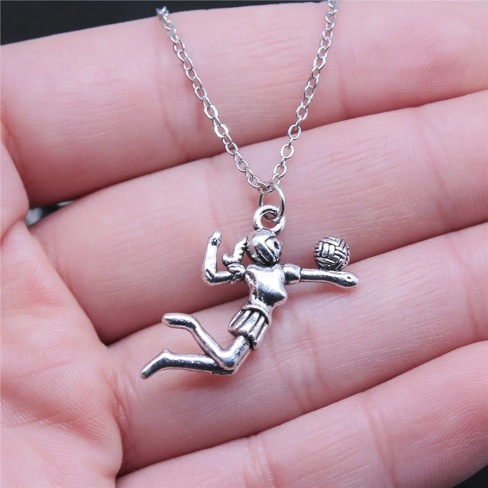 Drop Shipping Antique Silver Color 24x26mm Volleyball Player Necklaces Short Chain Choker Necklaces