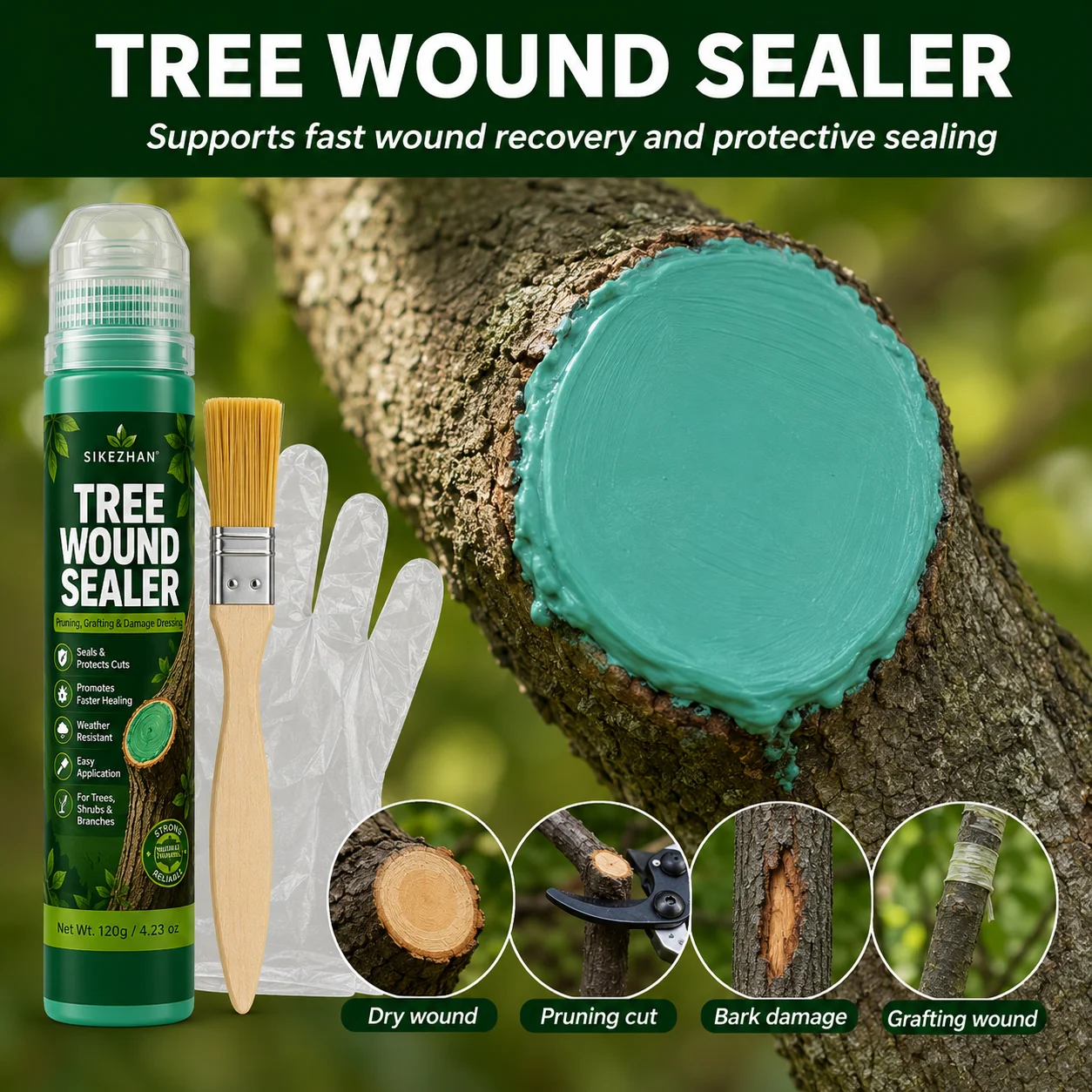 SIKEZHAN Garden Tree Wound Sealer Set 120g, Pruning and Grafting Sealant with Brush and Gloves for Trees, Shrubs and Branch Care