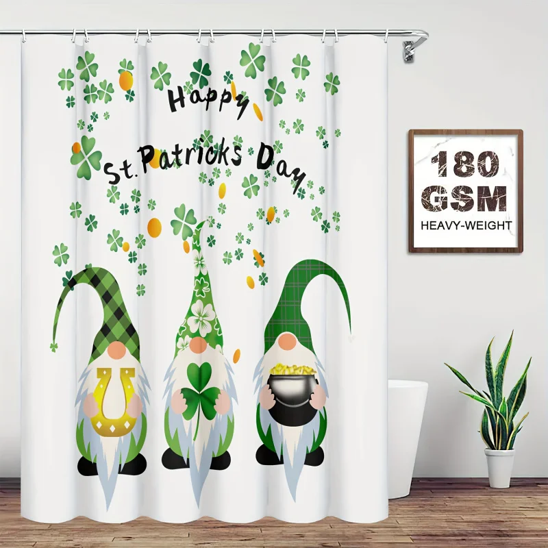 1/4PCS Green Gnomes Shower Curtain Set, Green Clover Leaf St Patrick's Day Pattern, Non-slip Bath Mat, Toilet Cover Pad And U-sh