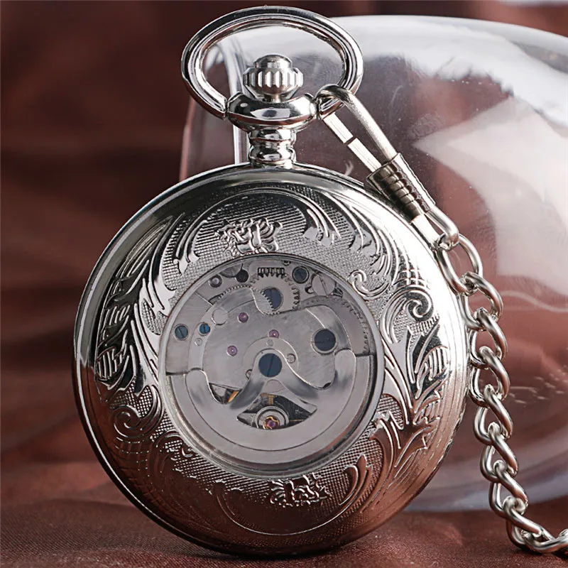 Silber Schild voller Jäger Fall Männer Frauen Skelett automatische mechanische Taschenuhr arabische Nummer Retro Uhr Anhänger Kette Geschenk