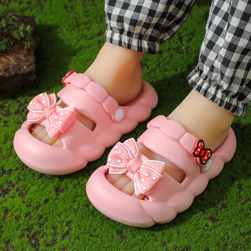 Summer Bow Baby Slippers For Children Cold Slippers Indoor Non-Slip Soft Bottom Comfort Cute Baby Hole Shoes Girls Home Slides