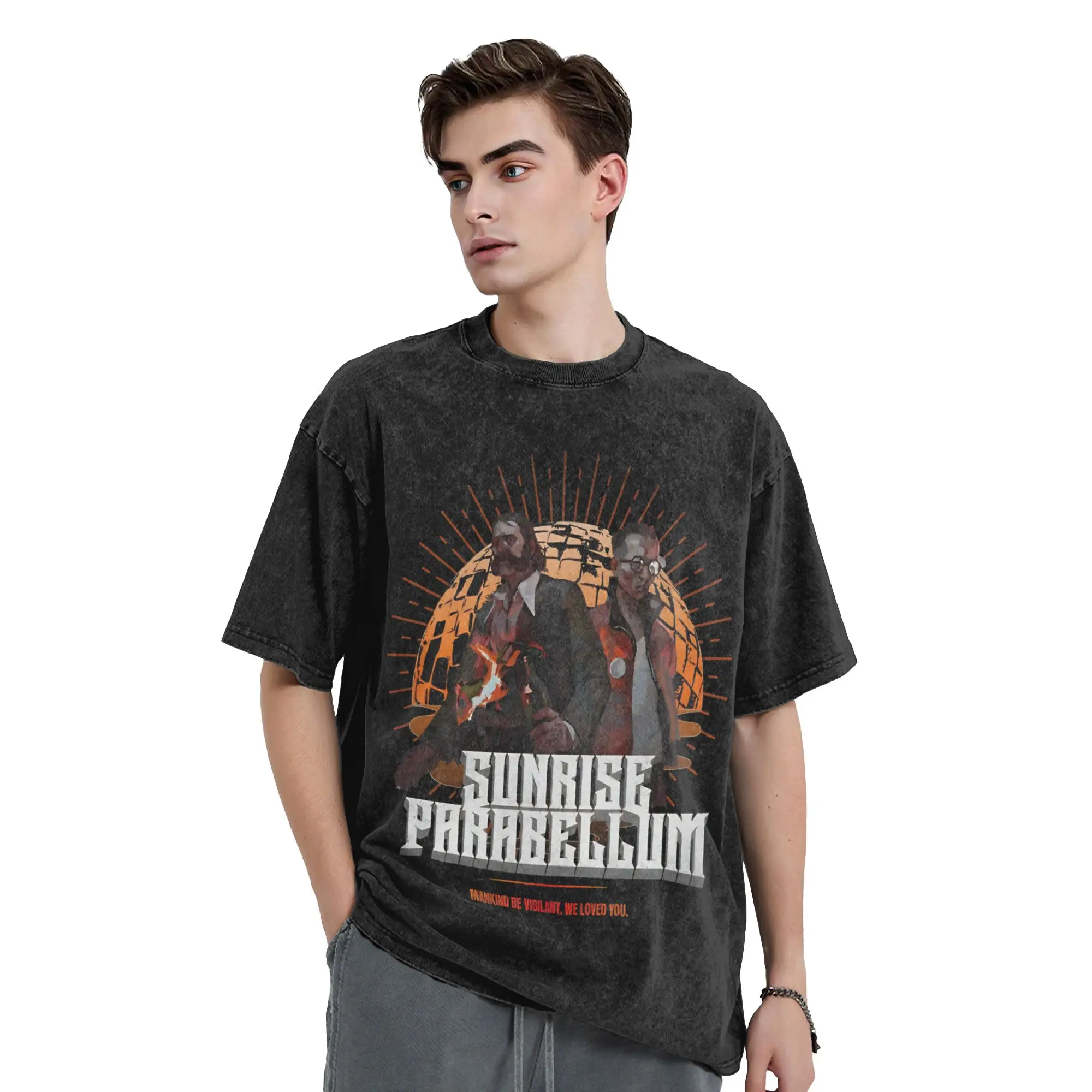 Harajuku Washed Shirts Sunrise Parabellum Disco Elysium Game Merch Vintage T Shirt Oversize Streetwear Short Sleeve Printed Tee