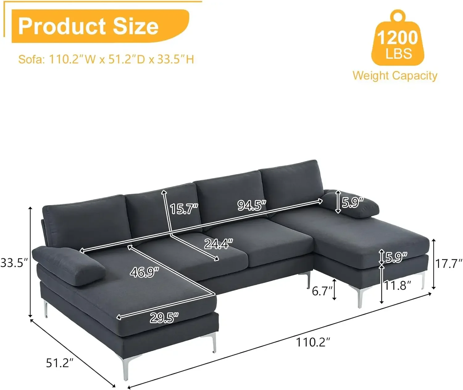 Modern U Shaped Sectional Sofa Couch for Living Room,Large Couch with Double Lounge Chaise for Small Spaces