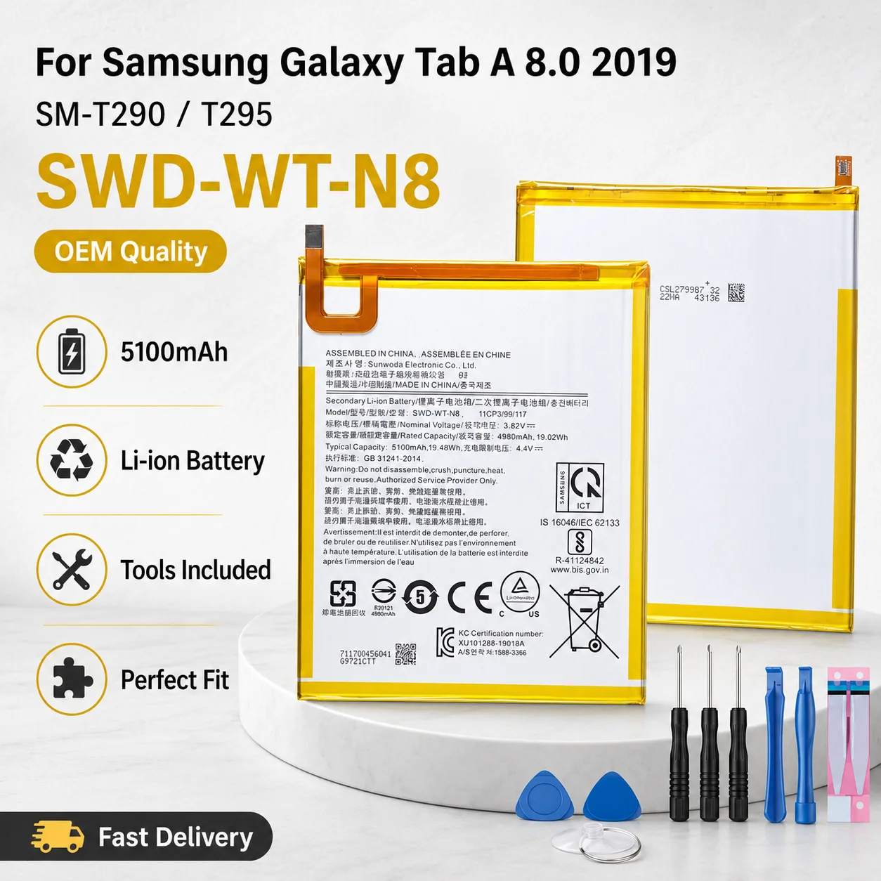 

5100mAh SWD-WT-N8 Tablet Battery With Tools For Samsung Galaxy Tab A 8.0 2019 SM-T290 T295