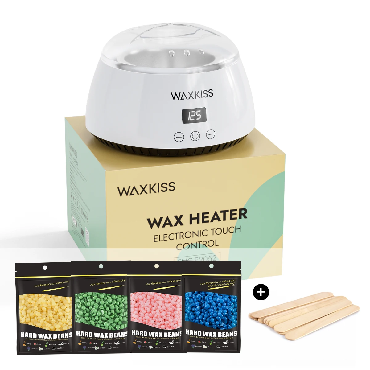 WAXKISS 15Pcs Wax Warmer Kit Digital Touch Control Heater with 4×100g Hard Wax Beans & 10pcs Sticks Home Hair Removal Set