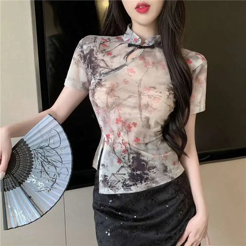 

90s New chinese improved style Clothes spring and summer Tops Retro Eleagnt Short sleevele women retro tang suit Chiffon shirt