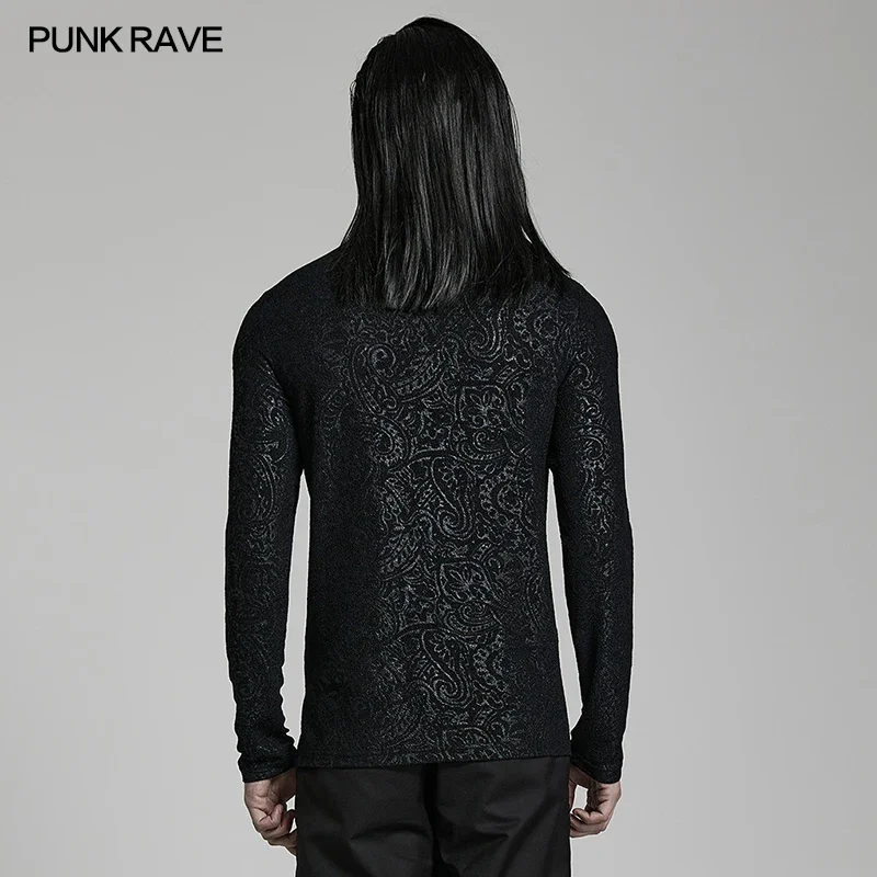 PUNK RAVE Men\'s Gothic Daily Turtlenecks Simple Printed T-shirt Punk Handsome Cool Long Sleeve Tops Spring Autumn