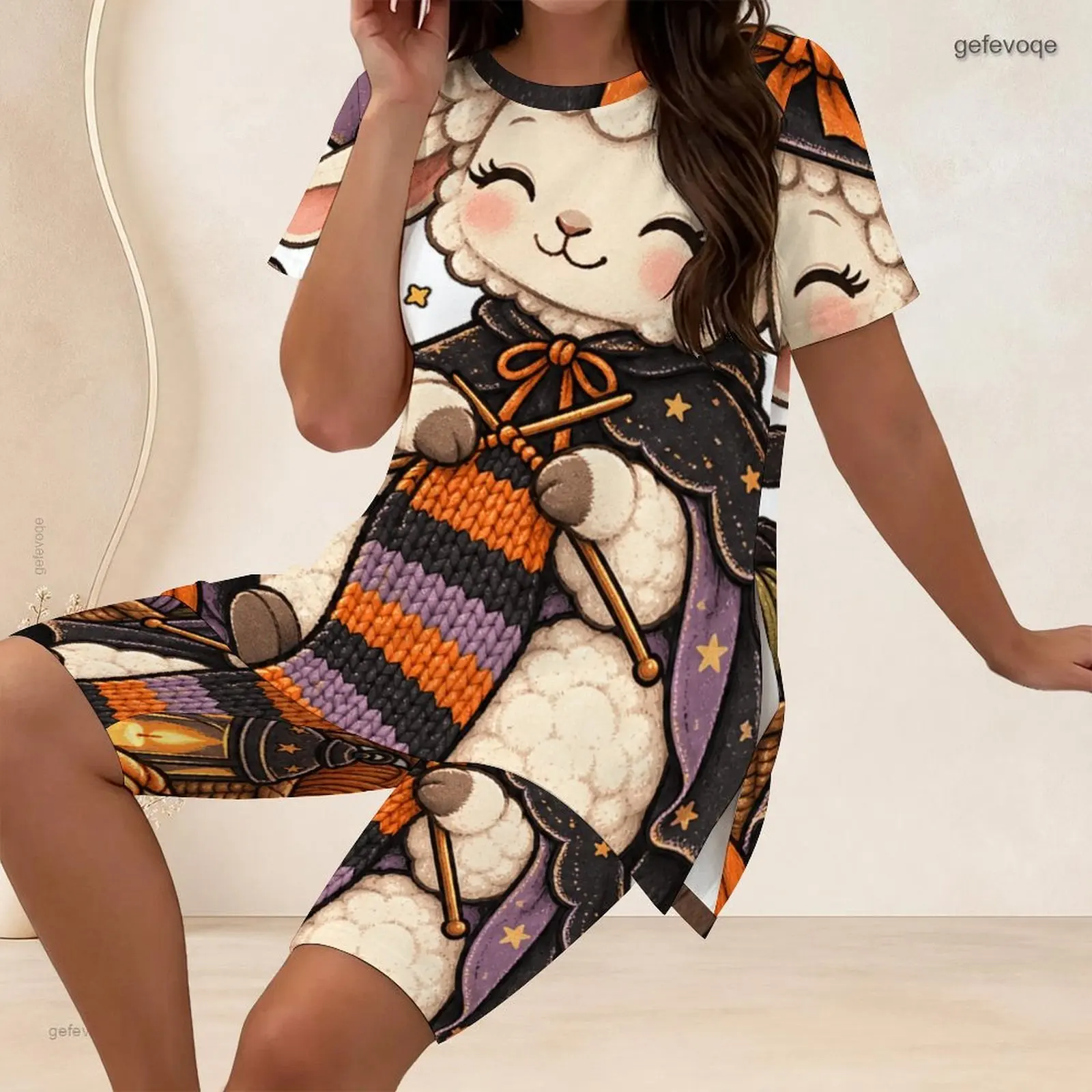 Women 2 Piece Outfit Round Neck Short Sleeve Split Side Long T Shirt With Biker Shorts Set Custom Print Ladies Casual Loungewear