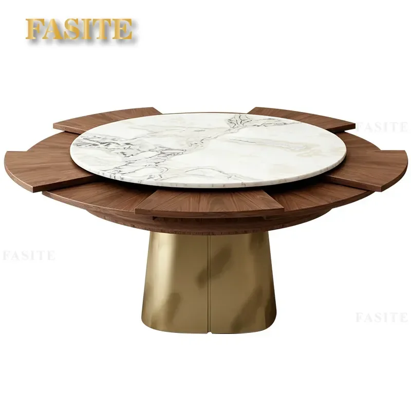 For Round Dining Table Telescopic Enlargement Rotating Turntable Deformation Luxury White Stone Top Modern Furniture for