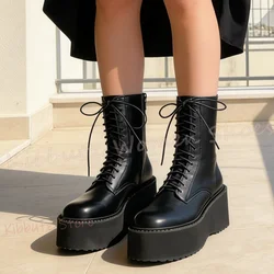 Lace-Up Motorcycle Ankle Boots Platform Thick Bottom Round Toe Genuine Leather Back Zippers Fashion Novelty Sexy Concise Shoes