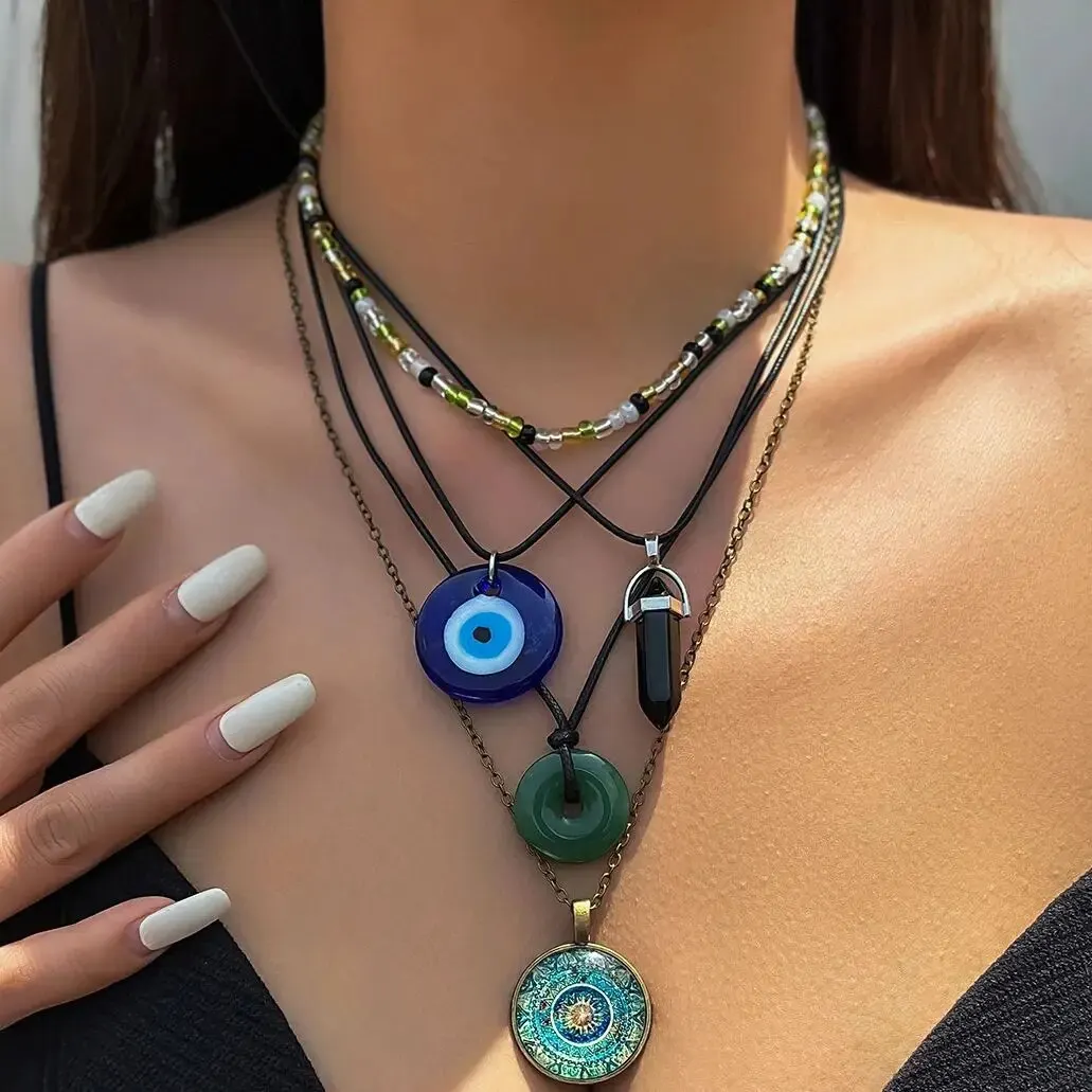 5Pcs Ethnic Peace Buckle Blue Turkish Lucky Eye Pendant Choker Necklace for Women Vintage Stone Leather Wax Thread Chain Jewelry