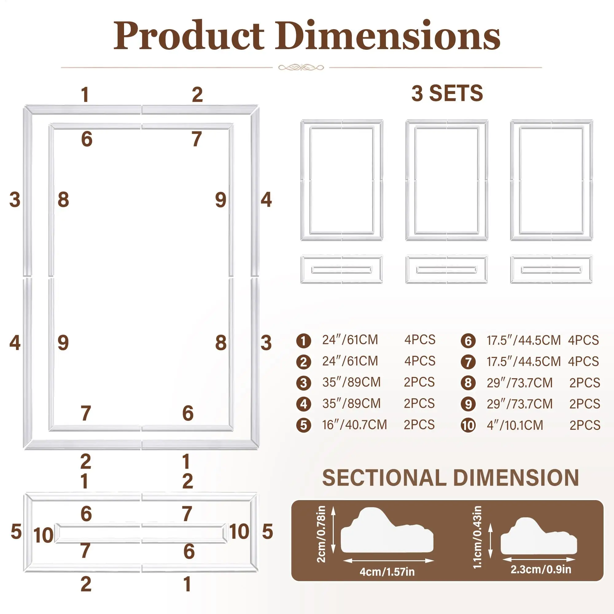 3 Set Wall Molding Kit Featuring 16x48 and 48x72 Inch Frame Panels, Lightweight and Easy-Install Wainscoting Set for Bedrooms, Living Rooms, and Studies