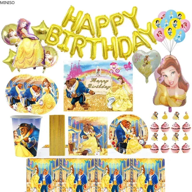 

Belle Princess Beauty And Beast Theme Party Disposable Tableware Paper Cup Plate Tablecloth Birthday Balloon Banner Decor