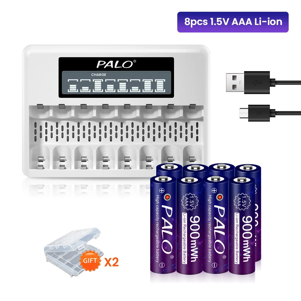 

PALO 1.5v AAA Li-ion Battery Rechargeable 900mWh 1.5 Volts 3A Lithium Batteria + 8 Slots LCD Charger for Remote Control