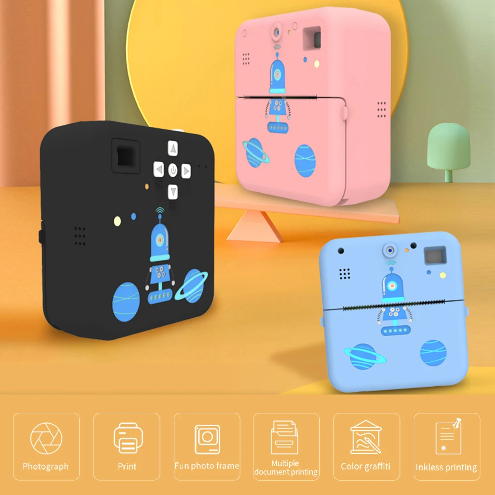 Portable Mini Photo Printer 1080P Instant Print Camera Wireless Thermal Label with 3 Roll Printer Paper for Travel List WorkMemo