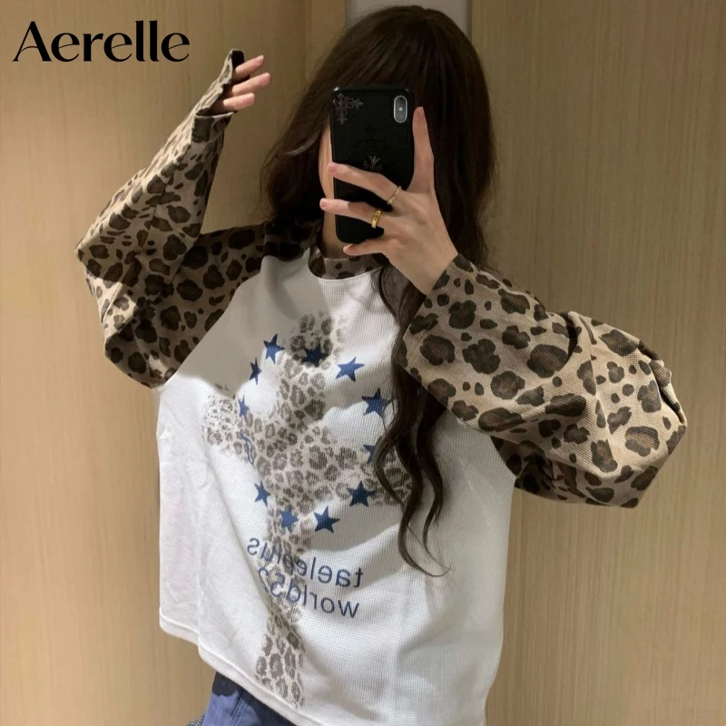 Women's American Vintage Leopard Print Color Block Raglan Long Sleeve T-Shirt, Autumn Star Pattern Slim Fit Basic Tee Top