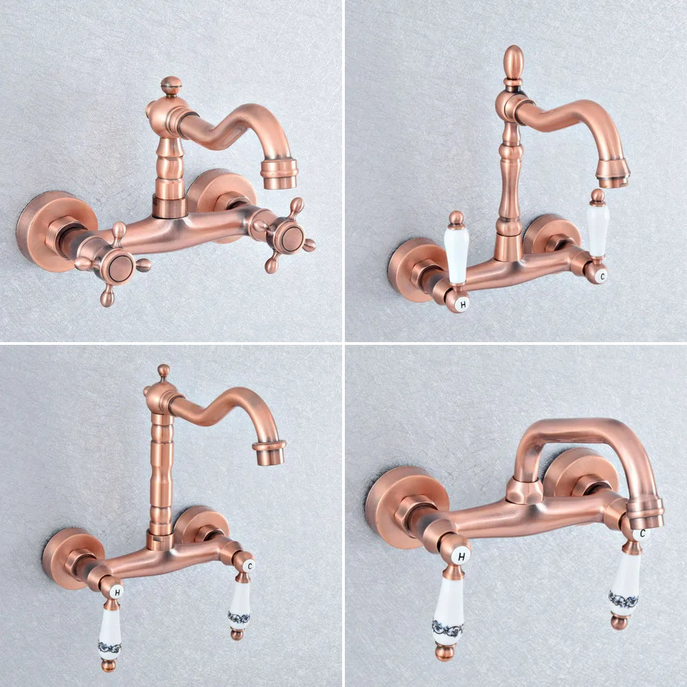 

Antique Red Copper Brass Wall Mounted Two Handles Levers Bathroom Kitchen Sink Faucet Mixer Tap Swivel Spout asf860