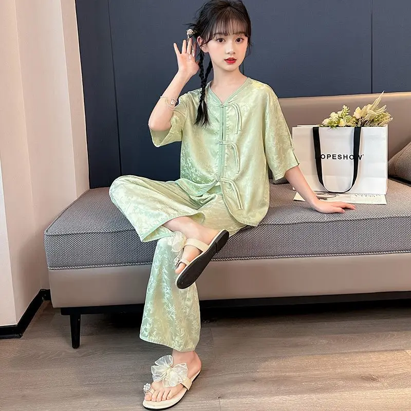 2026 Girls' New Sleepwear Children's Summer Pajamas Air Conditioning Summer Girls' Soft Short Sleeved Home Clothes Set ZJ11