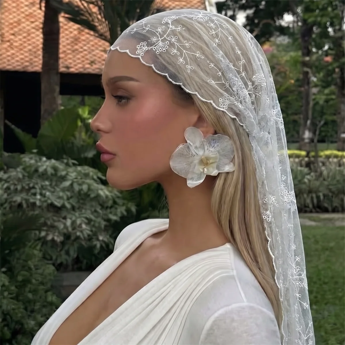 White Floral Lace Mesh Headscarf Women Sheer Tulle Tie Back Bandana Hair Wrap Elegant Neck Scarf Bridal Beach Hijab Head Scarf