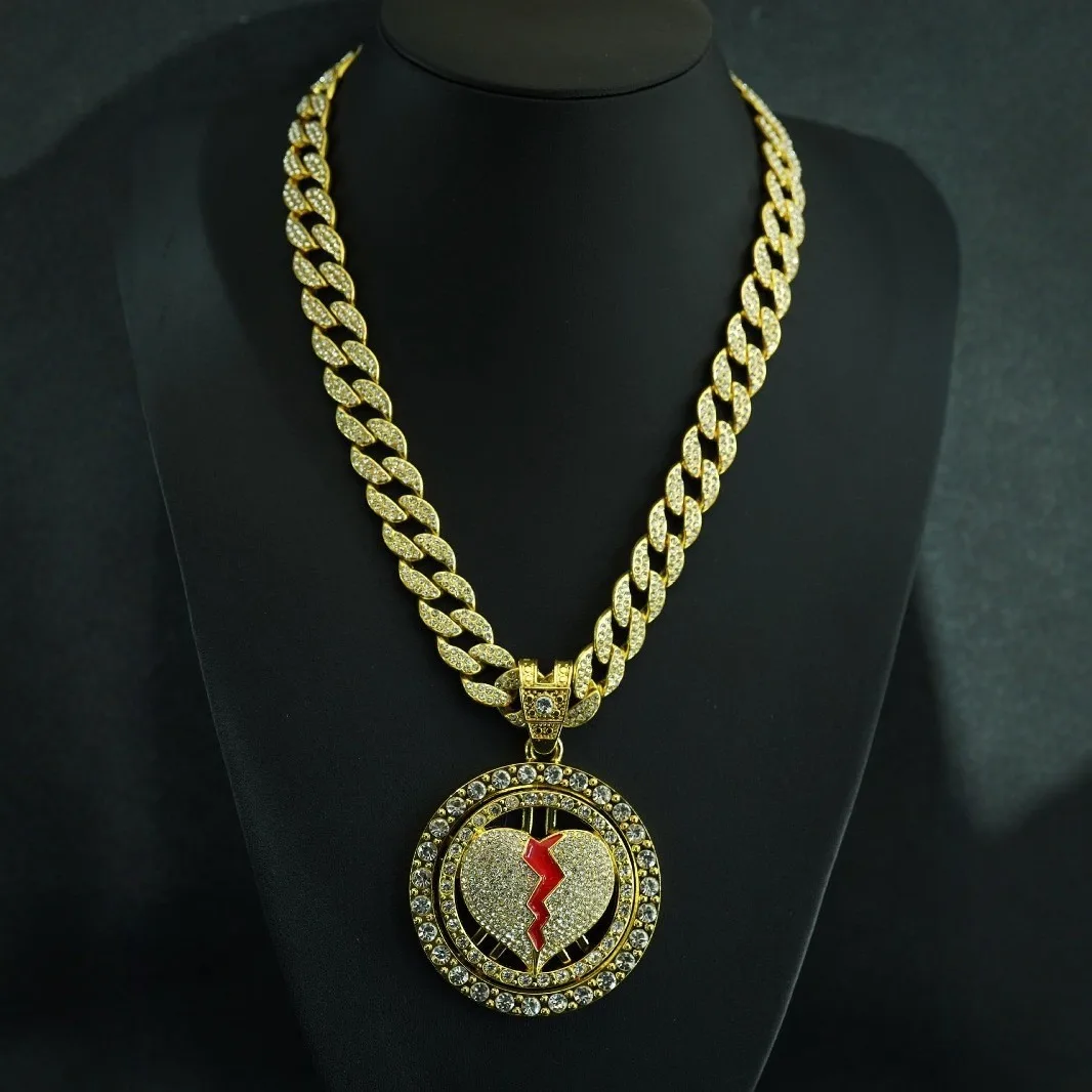 

Hip Hop Big Rotating Love Pendant Necklace Men's Iced Out Cuban Link Chain Bling Jewelry Party Gifts