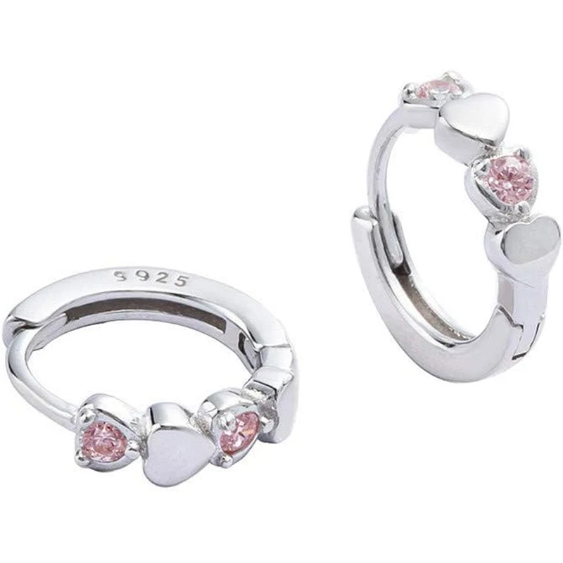 Love Heart Cubic Zirconia Tiny Hoop Earrings for Women Girls 925 Sterling Silver Hypoallergenic Pink CZ Huggie Cartilage Jewelry