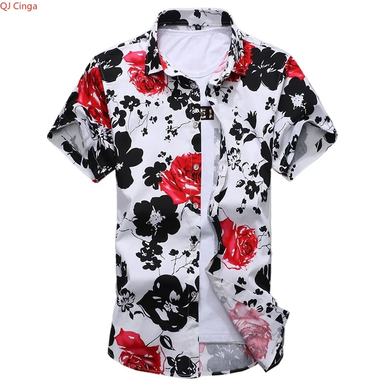 New 2026 Summer Collection: Men's White Printed Cotton Shirt, Asian Sizes Available, in Red or Purple. M-5XL 6XL 7XL