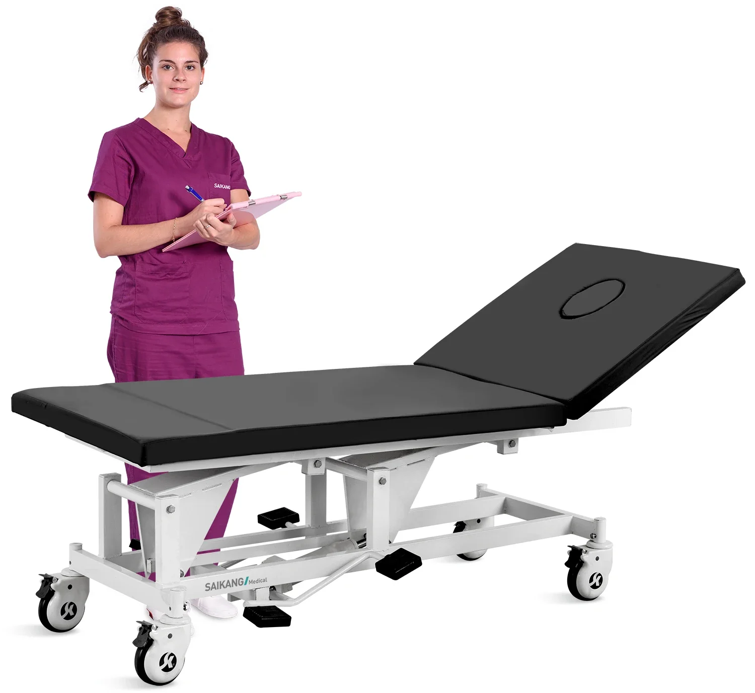 X14 SAIKANG Hydraulic Medical Exam Table Stainless Steel Foldable Manual Patient Hospital Examination Couch Bed