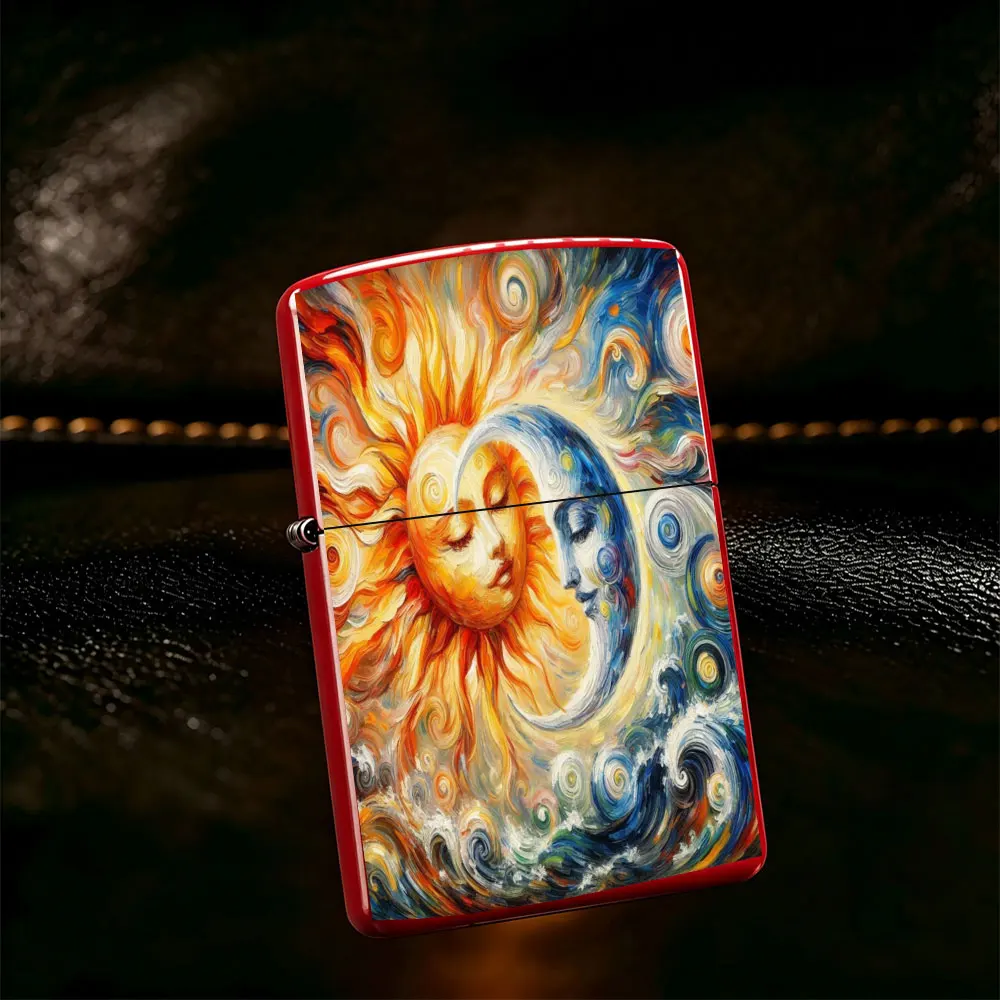 Pocket Lighter, Flip Top Windproof, Sun Moon Painting Metal Case, Ergonomic Grip, Refillable, Portable Retro Design