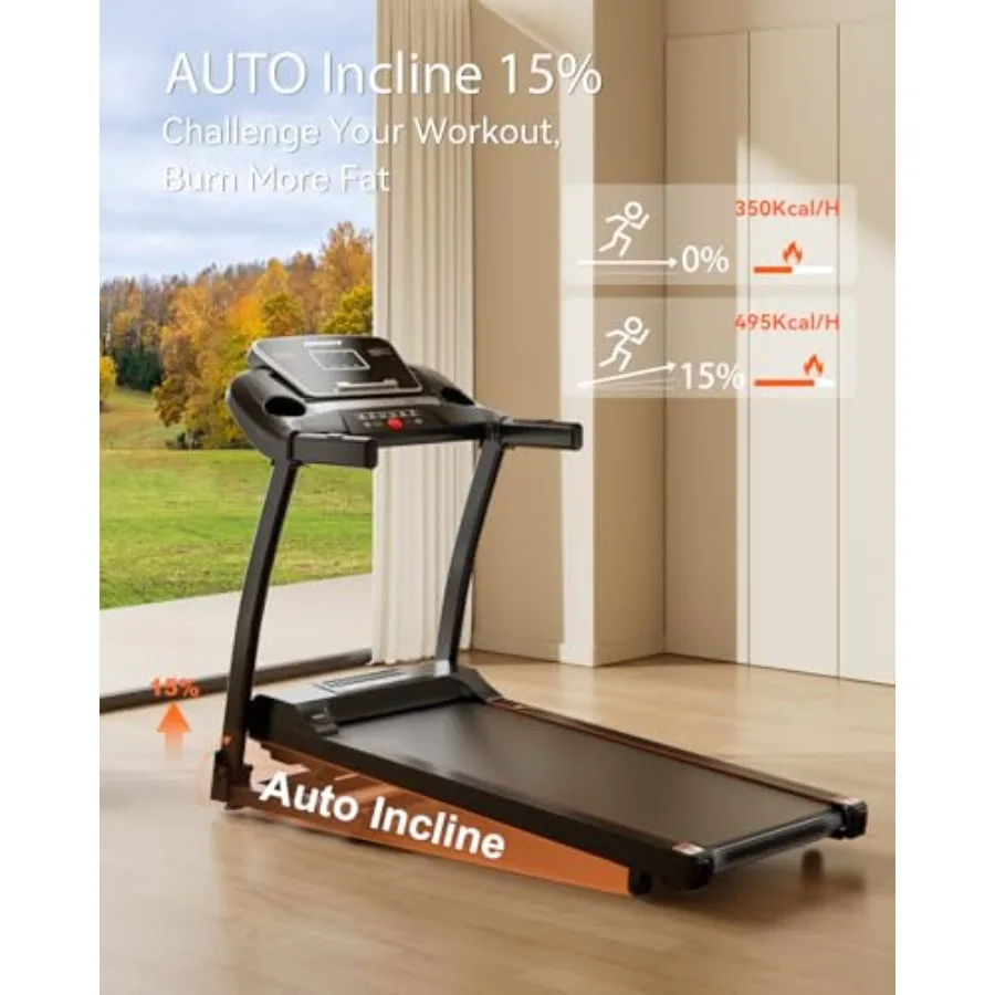 Home treadmill with 3.0HP motor folding space-saving design black color incline function 300 lbs ccity Bluetooth connectivity a