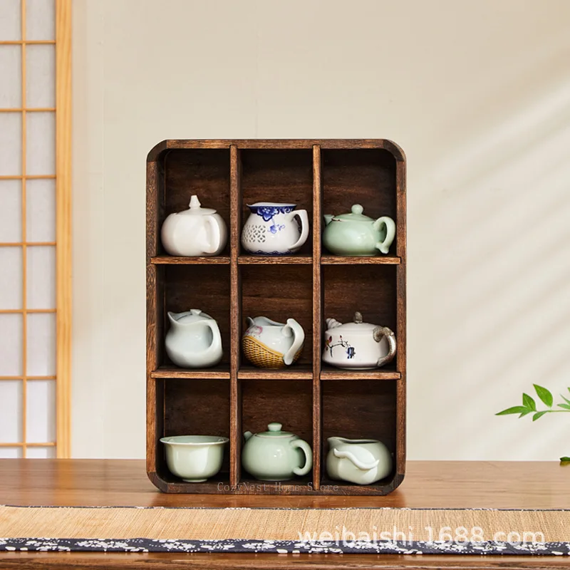 Solid wood teacup, purple clay pot storage rack, cup holder, large grid size, storage back plate rack.