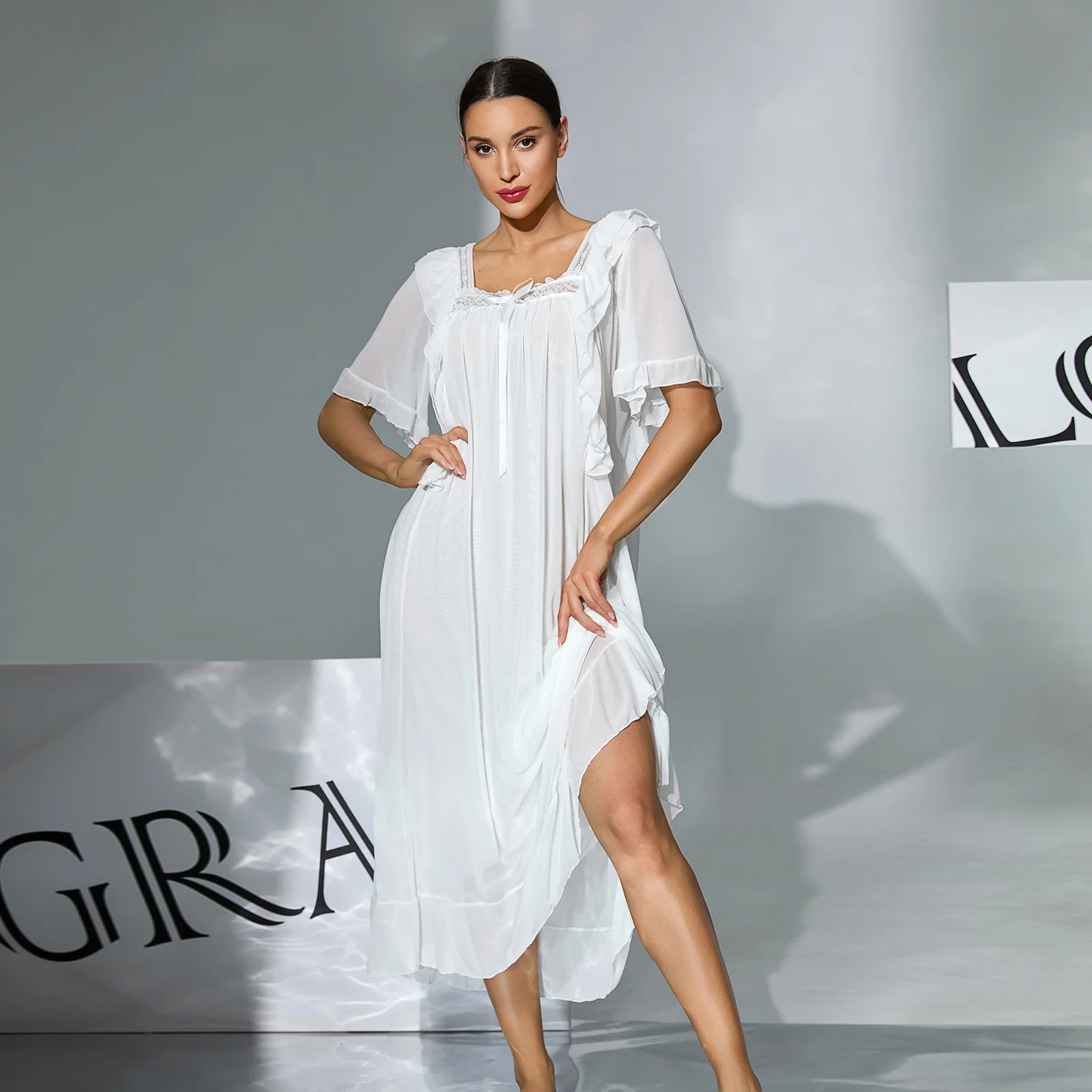 Nightgown Set Nightwear Loungewear Soft Loose Slimming Sheer Ruffle Square Collar Homewear Lightweight Sexy Romantic Summer