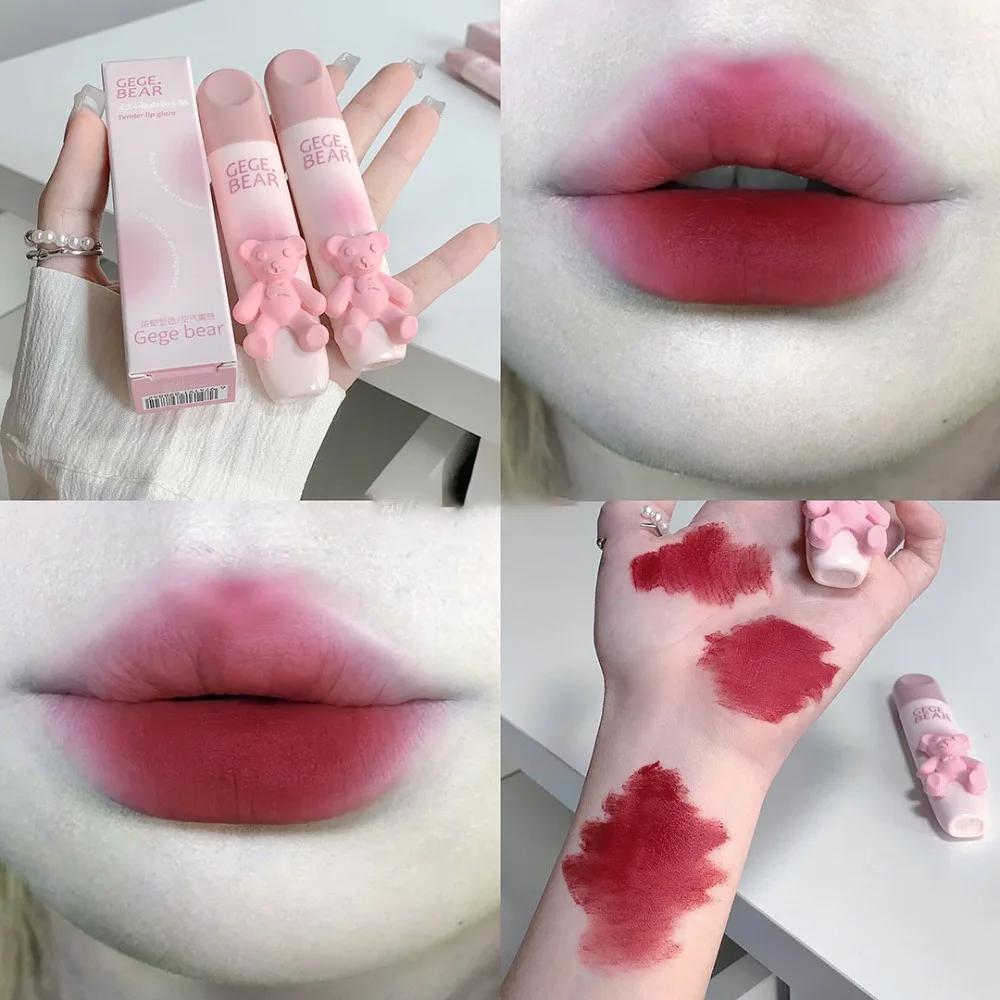 1 unidad Nuevo Brillo Labial Mate Antiadherente con Diseño de Osito, Colorido, Aterciopelado, Resistente al Agua, Cosmético Labial en Envase de Plástico, Brillo Labial Mate Kisser