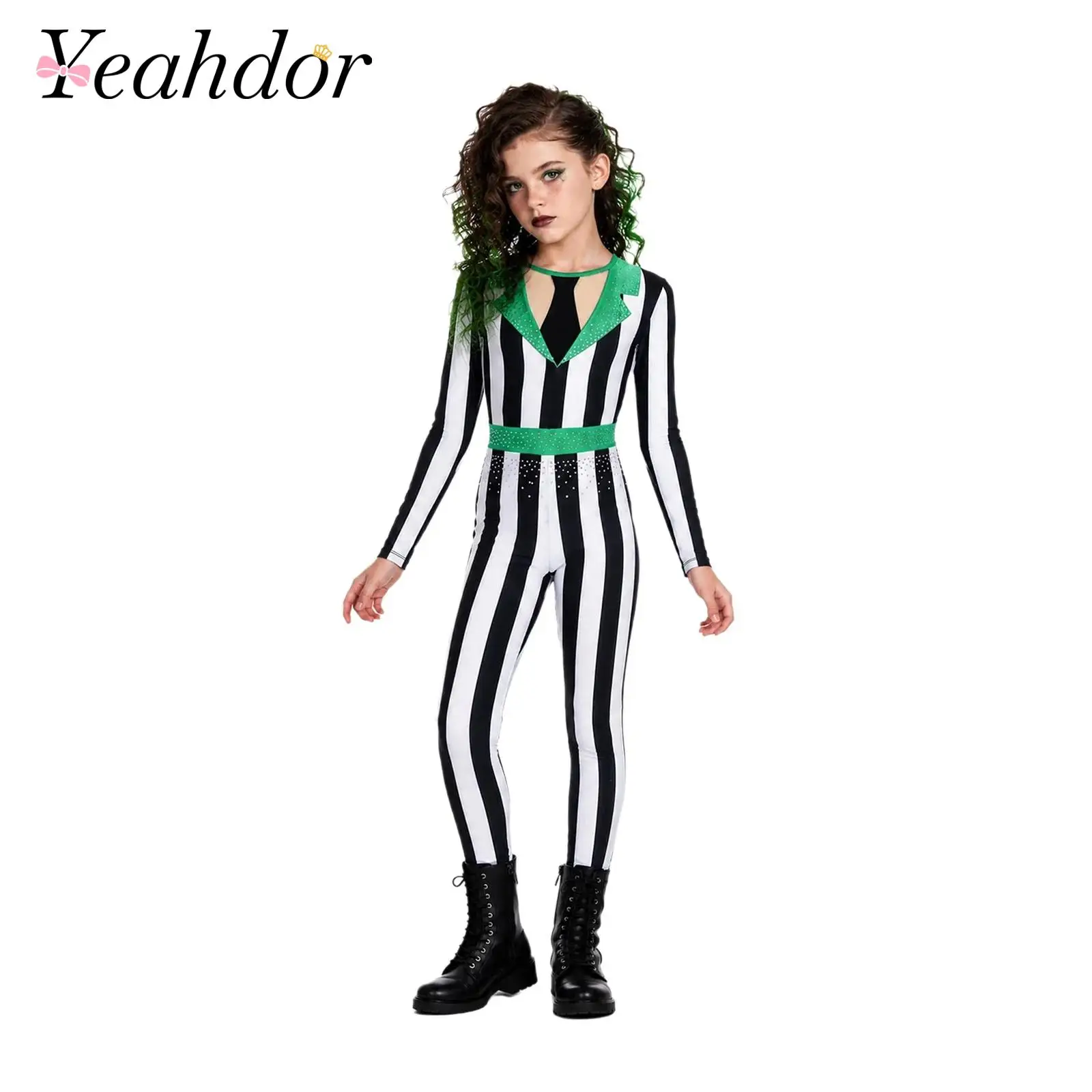Children' Stripe Jumpsuits Kids Girls Shiny Rhinestone Color-blocked Zipper Bodysuit for Halloween Role-playing Clown Costume
