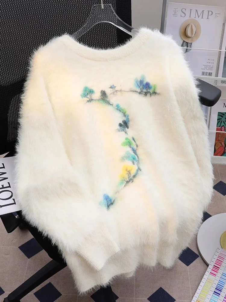 Sweet Print Mink Cashmere Sweaters Women O Neck Elegant Long Sleeve Knitted Pullover Vintage Soft Fall Winter Korean Tops