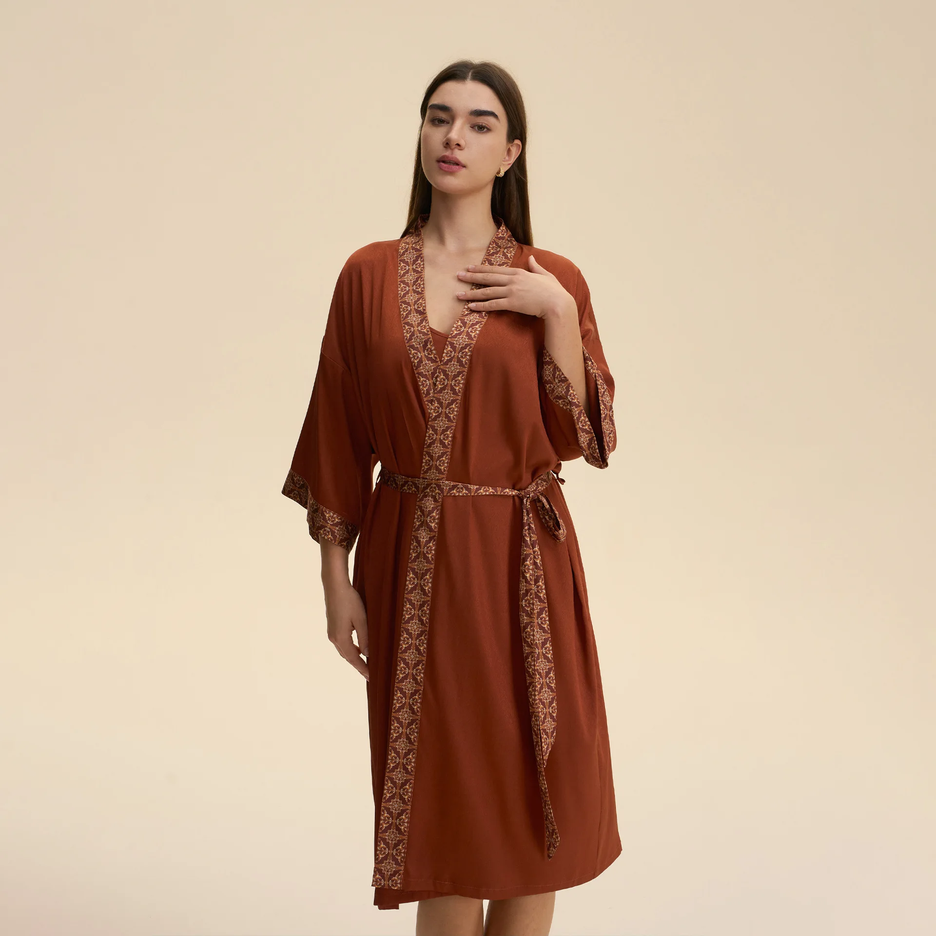 

Elegant Print Women Robe Loungewear Silky Satin Kimono Bathrobe Spring Autumn Sleepwear Negligee