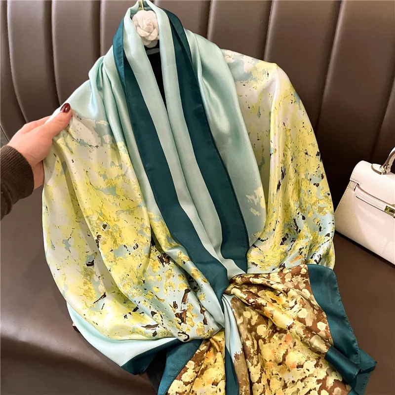 Vintage Groene Lotus Print Zijden Sjaal Vrouwen Elegante Sjaal Klassiek Buiten Winddicht Satijnen Hoofd Wrap Reis Strandlaken 180*90Cm